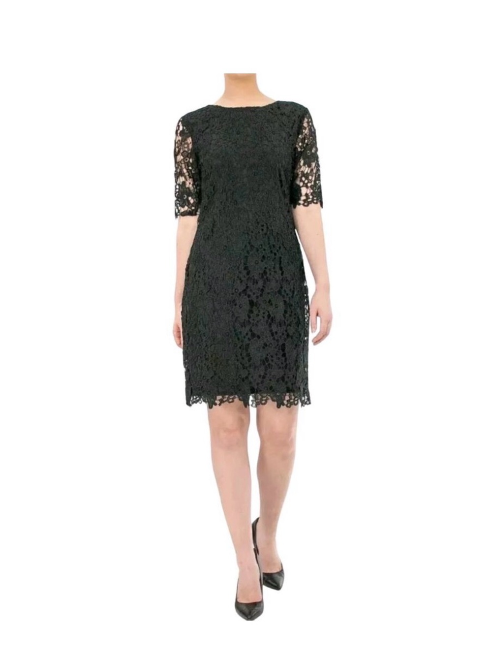 Nina Leonard Black Lace Midi Sheath Dress